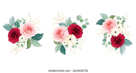 Floral arrangements of peach and burgundy roses flowers, branches, and outlined glitter leaves. Romantic botanic illustration elements for wedding, greeting, and valentine card design vector