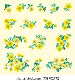 Floral arrangements in small wild buttercup flowers. Set of country style bouquet. Country chic. Use for textile design, wallpaper, covers, surface, print, gift wrap, scrapbooking, decoupage.