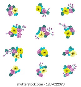 Floral arrangements in small wild flowers. Set of country style bouquet. Rustic chic. Use for textile design, wallpaper, covers, surface, print, gift wrap, scrapbooking, decoupage.