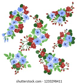 Floral arrangements in small wild flowers. Set of country style bouquet. Rustic chic. Use for textile design, wallpaper, covers, surface, print, gift wrap, scrapbooking, decoupage.