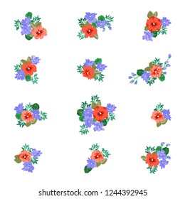Floral arrangements in small wild flowers. Set of country style bouquet. Rustic chic. Use for textile design, wallpaper, covers, surface, print, gift wrap, scrapbooking, decoupage.