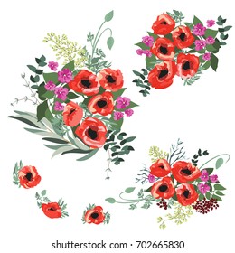 Floral arrangements in small wild flowers of poppy. Set of country style bouquet. Rustic chic. Use for textile design, wallpaper, covers, surface, print, gift wrap, scrapbooking, decoupage.