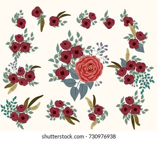 Floral arrangements in small wild flowers of poppy, antique roses. Set of country style bouquet. Rustic chic. Use for textile design, wallpaper, covers, surface, print, wrap, scrapbooking, decoupage.