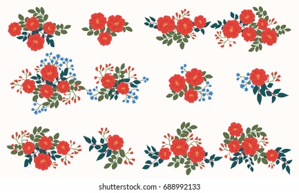 Floral arrangements in small wild folk flowers. Set of country style bouquet. Rustic chic. Use for textile design, wallpaper, covers, surface, print, gift wrap, scrapbooking, decoupage.