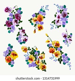 Floral arrangements in small wild spring flowers. Set of country style bouquet. Rustic chic. Use for textile design, wallpaper, covers, surface, print, gift wrap, scrapbooking, decoupage.