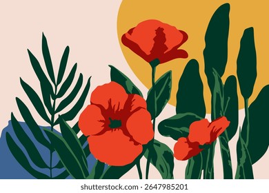 Floral art background with blooming poppy flowers and green leaves. Hand drawn botanical card with copy space.