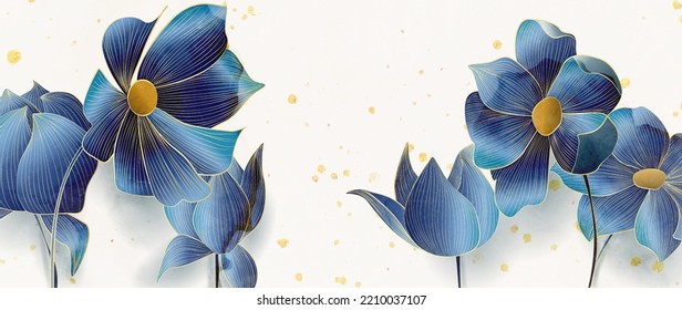 Floral art background with blue flowers with golden elements in line style. Hand drawn botanical banner in watercolor style for textile design, print, wallpaper, decor, print.