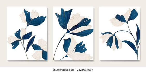 Floral art background with blue flowers violets hand drawn with golden art line elements. Botanical set with meadow flowers for decor, print, textile, poster, wallpaper, interior design.