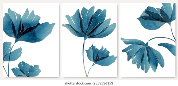 Floral art background with blue flowers hand drawn in watercolor style. Botanical poster set for cover design, print, wallpaper, packaging, social media, textile, postcard, interior