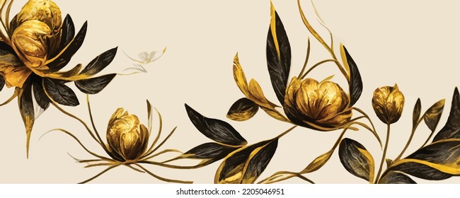 floral art background with golden flowers in line style
