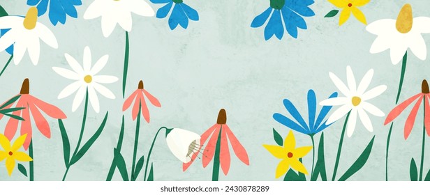 Floral art background with hand drawn spring flowers pattern. Abstract vector botanical banner for design template postcard, print, congratulation, easter holiday, birthday