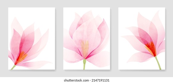 Fondo de arte floral con flores de magnolia rosa. Diseño de acuarela botánica para decoración, interior, papel pintado, afiche, impresión