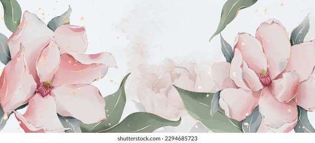 Fondo de arte floral con flores de magnolia rosa dibujadas a mano con elementos de la línea de arte dorado. Banner botánico para diseño de decoración, impresión, papel pintado, textil, interior, invitaciones, cubierta.