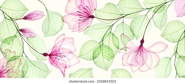 Floral art background and roses   leaves hand drawn in transparent style  Botanical vector banner for decoration design  print  textile  interior  poster  wallpaper