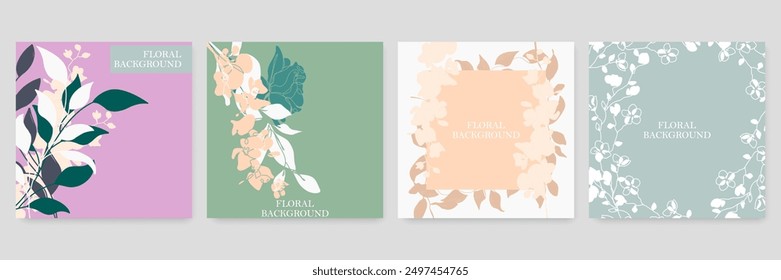 Floral Art Background Template Vector Set. Colorful Autumn Banner Design Minimal Style with Flowers, Botanical Elements, Leaves, Organic Shapes. Abstract Floral Posters Collection for Web, Prints, Pac