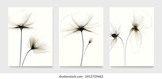 Floral art background with transparent poppy flowers in watercolor style. Botanical set of posters for decoration, print, textiles, packaging, wallpaper, interior design.