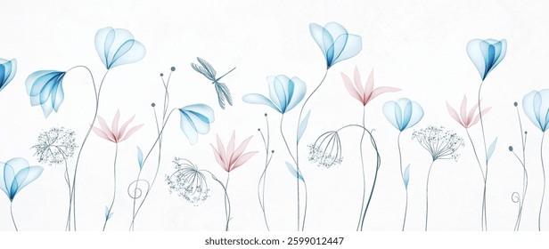 Floral art background in watercolor style with transparent flowers, dragonfly. Botanical ink banner for decor, print, wallpaper, textile, interior, cover.