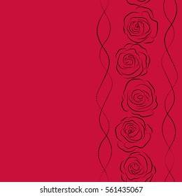 Floral art with copy space. Vector vintage design. Vertical roses silhouette seamless pattern with flowers in Victorian style. Abstract rose background in black and red colors. Bouquet of retro plants