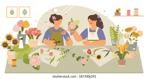 Servicio de organización floral de arte floral composiciones planas con 2 floridos haciendo bellas ramos de regalo ilustraciones vectoriales