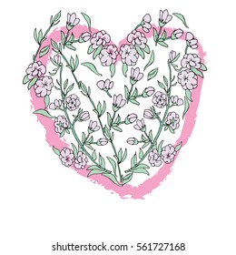 Floral art heart. Hand drawn magnolia flowers .