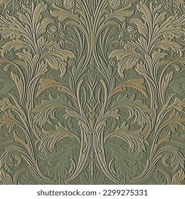 Floral art nouveau old retro style leafy 3d emboss pattern. Vector embossed foliage background. Repeat emboss plants backdrop. Surface relief 3d flowers leaves textured ornament in old nouveau style. 