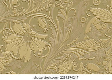 Floral art nouveau old retro style leafy 3d emboss pattern. Vector embossed golden background. Repeat emboss plants backdrop. Surface relief 3d flowers leaves textured ornament in old nouveau style. 