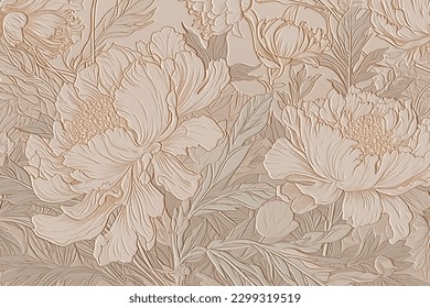 Floral art nouveau old retro style  3d peonies pattern. Vector embossed vintage background. Repeat emboss plants backdrop. Surface relief 3d peony flowers leaves textured ornament in old nouveau style