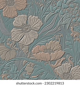 Floral art nouveau old retro style leafy 3d emboss pattern. Vector embossed background. Repeat emboss plants backdrop. Surface relief 3d blossom flowers leaves textured ornament in old nouveau style. 