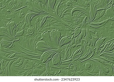 Floral art nouveau old retro style leafy 3d emboss pattern. Vector embossed foliage background. Repeat emboss plants backdrop. Surface relief 3d flowers leaves textured leafy ornament. Grunge texture.