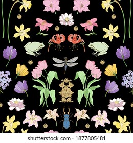 Floral art Nouveau ornament with nascent seamless vector. The pattern contains many elements: tulips, lilies, daffodils, beetles, dragonflies.