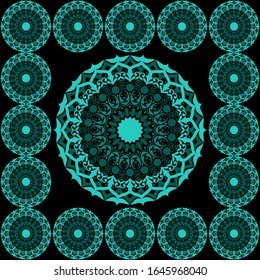 Floral Art Pattern, Black background, round size variations, Vector Outline, vector blue flowers, elegant, ornament.