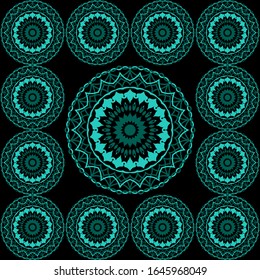 Floral Art Pattern, Black background, round size variations, Vector Outline, vector blue flowers, elegant, ornament, twelve small flowers and one big blue flower line.