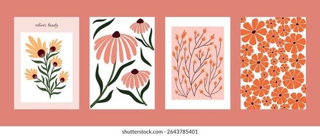 floral art print and pattern bundle with hand drawn wildflowers, botanical branches and orange blossoms for modern wall decor, stationery and textile design