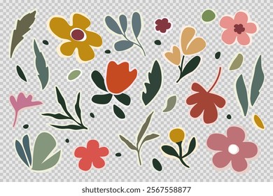 Floral art sticker set. Abstract flowers and leaves in paper cut style, natural colors. Bright hand drawn summer spring design elements. Vector isolated on transparent background