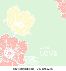 Floral art template with hand drawn spring flowers in pastel colors, soft green, pink and yellow. Vector illustration for Women's Day March 8, birthday and Mother's Day cards 