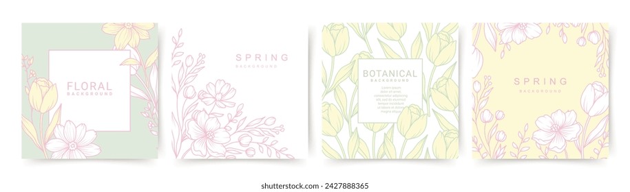 Floral art templates with hand drawn spring flowers in pastel colors, soft green, pink and yellow. Set of frames for Women's Day March 8, birthday and Mother's Day cards. Vector illustration