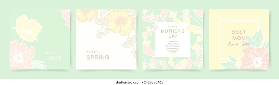 Plantillas de arte floral con flores de primavera dibujadas a mano en colores pastel, verde suave, rosa y amarillo. Conjunto de marcos para el Día de la Mujer 8 de marzo, cumpleaños y tarjetas del Día de la Madre. Ilustración de vector