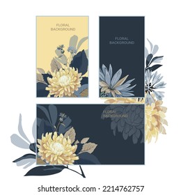 Floral artistic backgrounds for greeting, invitation and business cards, templates, layouts and more. Vector design with yellow chrysanthemums on yellow and dark backgrounds.