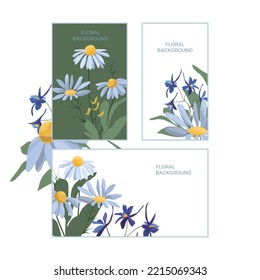 Floral artistic backgrounds for greeting and invitation cards, templates, layouts and more. Vector design with blue daisies on white and green backgrounds.