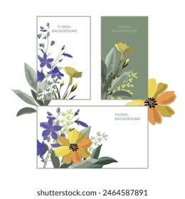 Floral artistic backgrounds for greeting, invitation and business cards, templates, layouts and more. Vector design with blue, yellow flowers.