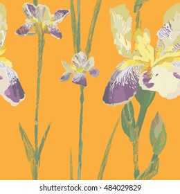 Floral artistic seamless pattern with iris flowers over an orange background