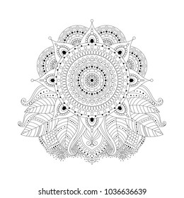 Floral asian boho ornament with leaves and mandala, black and white isolated element. Can be use for coloring book, tattoo, prints. Vector illustration.