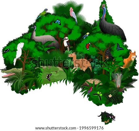 floral Australia map with animals - vector illustration