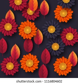 Floral autumn background with 3d paper cut style flowers and leaves. Yellow, orange, purple colors. Vector illustration.