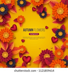 Floral autumn background with 3d paper cut style flowers, leaves and decorative hearts. Yellow, orange, purple colors. Vector illustration.