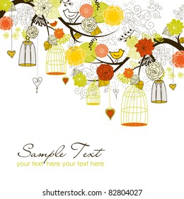 Floral autumn background. Birds out of their cages concept vector