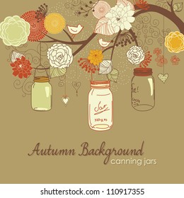 Floral Autumn background. Glass jars hanging from the brunch