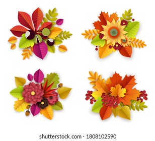 Floral autumn decoration with 3d paper cut flowers and leaves. Vector set of fall flowers bouquets. Paper art style illustration