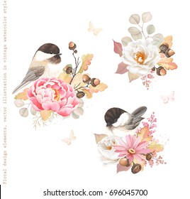 Floral autumn decorations with flower pink Peony, white Rose, oak branches, acorns and birds Black-capped Chickadee. Vector illustration in vintage watercolor style.