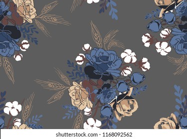 Floral autumn field vector patterns, seamless, colorful, blue, white, brown